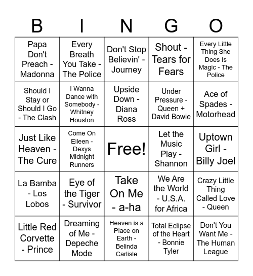 Alcock Music Bingo - 1980s Bingo Card