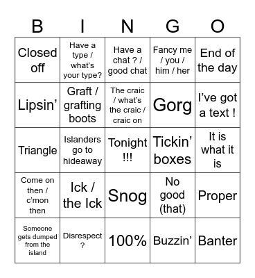 Love Island UK Bingo 2026 Bingo Card