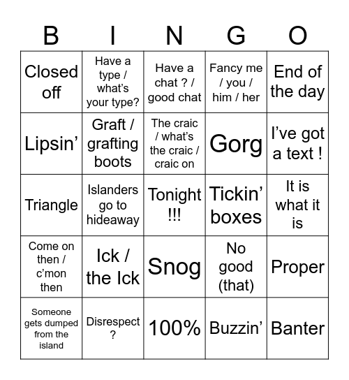 Love Island UK Bingo 2026 Bingo Card
