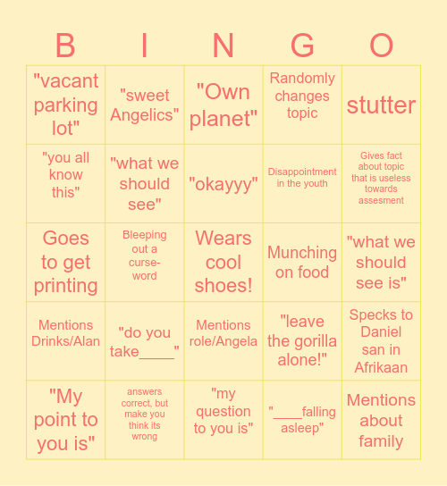 Mr Graham Bingo Card