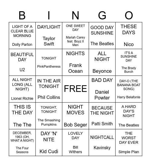 It's Like Day and Night Bingo Card