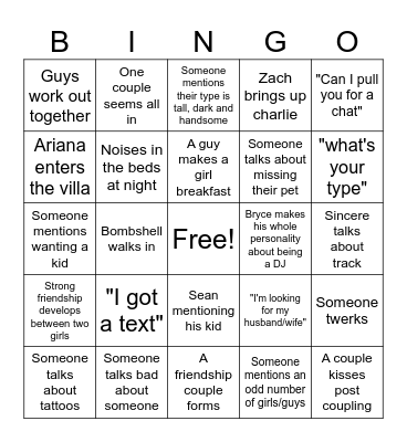 Love Island S8 Bingo Card