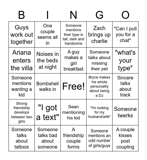 Love Island S8 Bingo Card