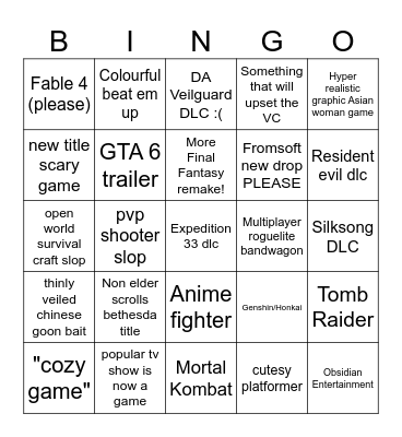 Summer Games Fest Announcements Bingo Card