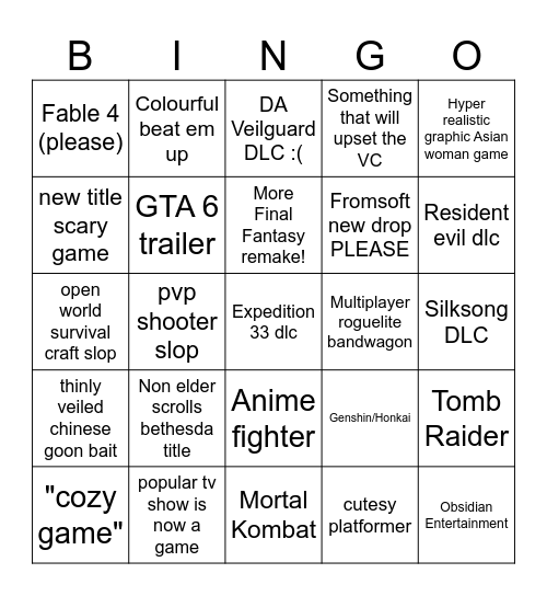 Summer Games Fest Announcements Bingo Card