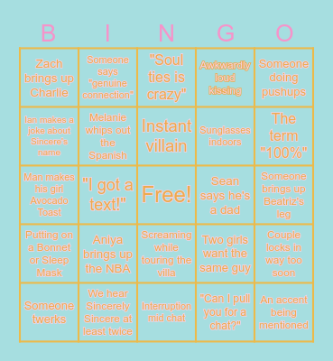 Love Island Premiere Bingo Card