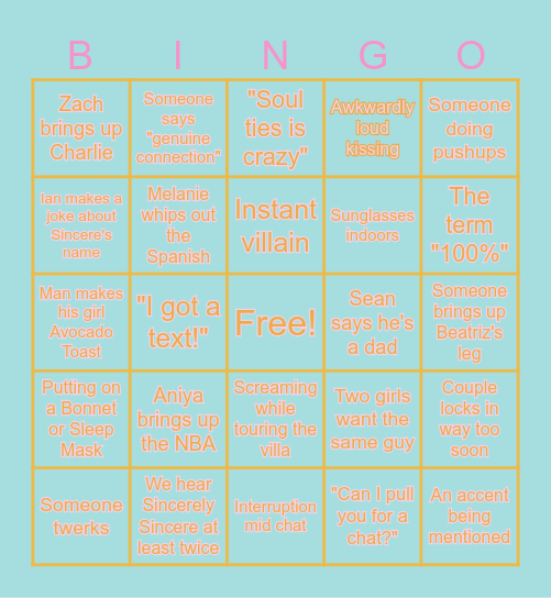 Love Island Premiere Bingo Card