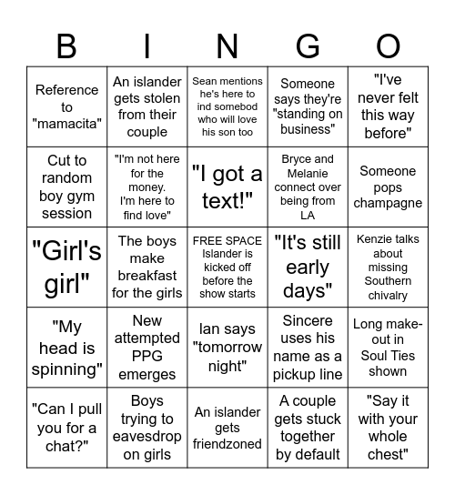 Love Island Bingo Card