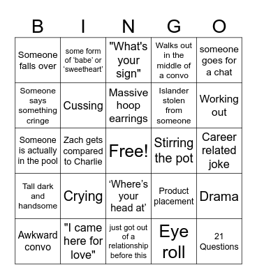 Love Island Season 8 Bingo Card