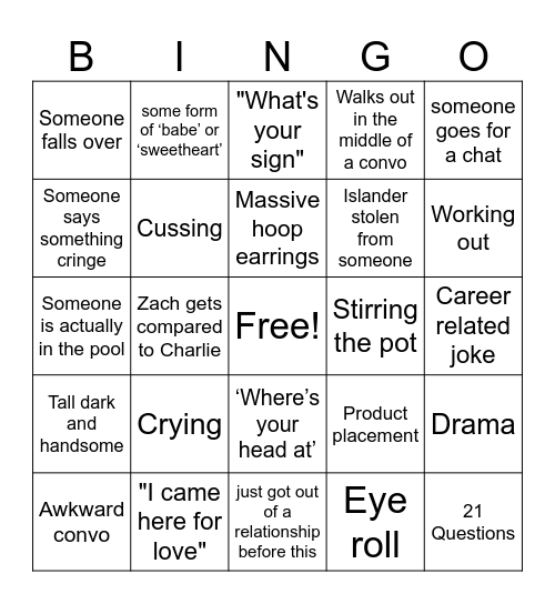Love Island Season 8 Bingo Card