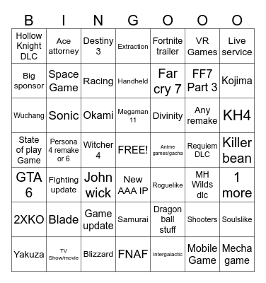 Summer Game Fest 2026 Bingo Card