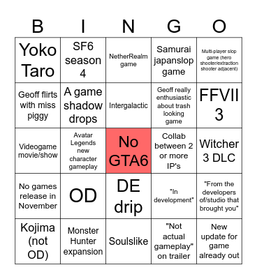 Summer Games Fest Bingo Card
