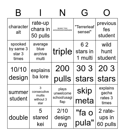 BLUE ARCHIVE 400 PULLS GACHA Bingo Card