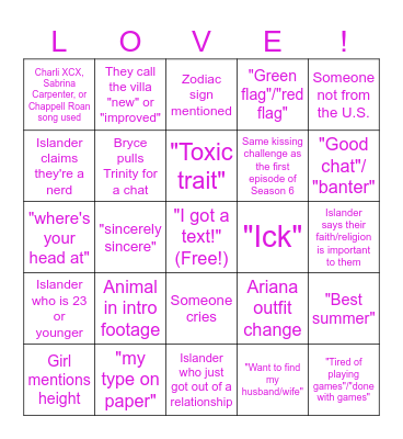 Love Island USA Season 8 Bingo Card
