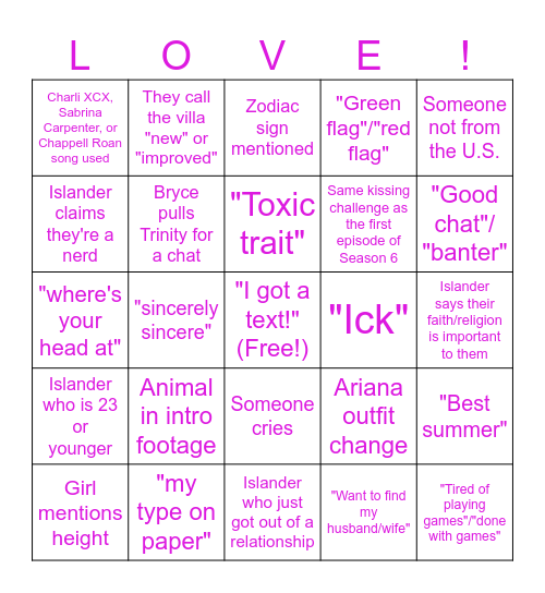 Love Island USA Season 8 Bingo Card