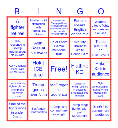 UFC White House Card Bingo Card