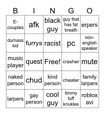 VRchat bingo Card