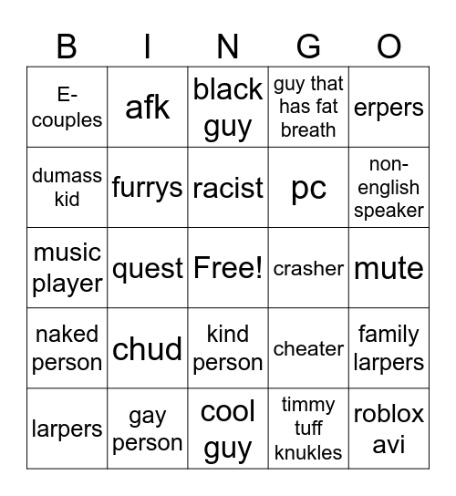 VRchat bingo Card