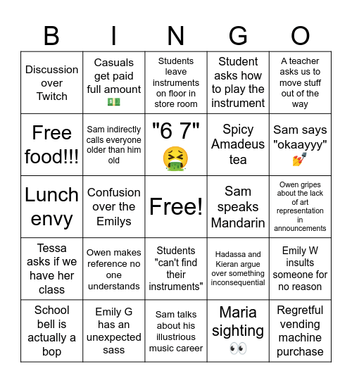 Wednesday Bingo Card