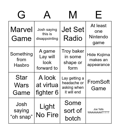 John’s SGF Card Bingo Card