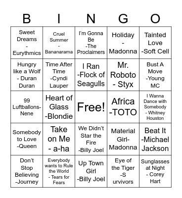 80’s  Songs Bingo Card