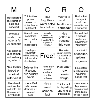 Microbiology "Getting to know you" Bingo Card