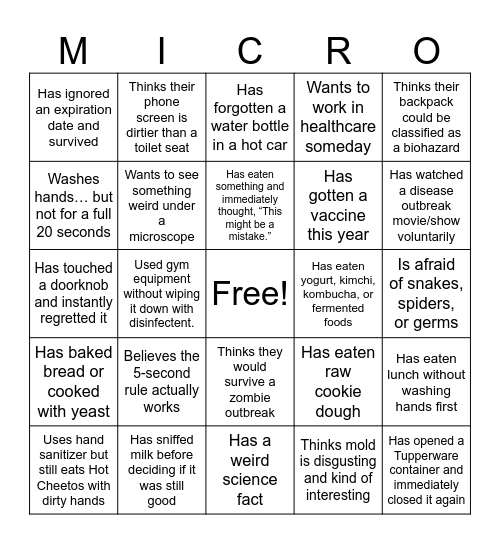 Microbiology "Getting to know you" Bingo Card