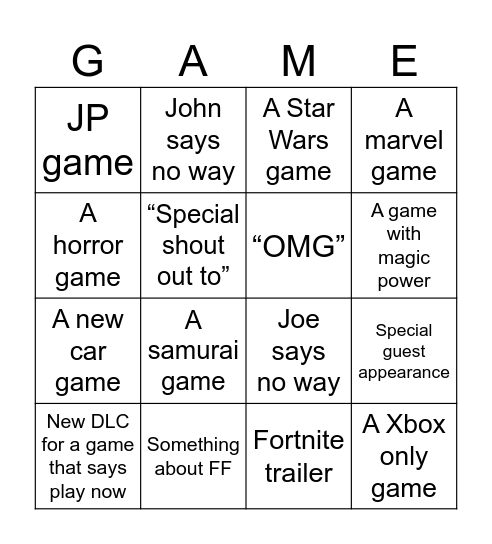 Josh’s SGF Card Bingo Card