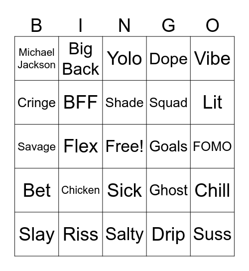 4Th grade Slang Bingo Card