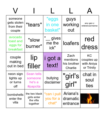 Love Island Season 8 Premiere Bingo Card