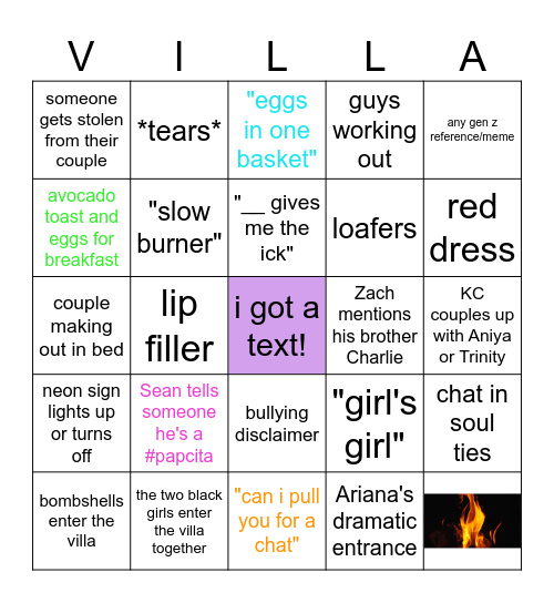 Love Island Season 8 Premiere Bingo Card