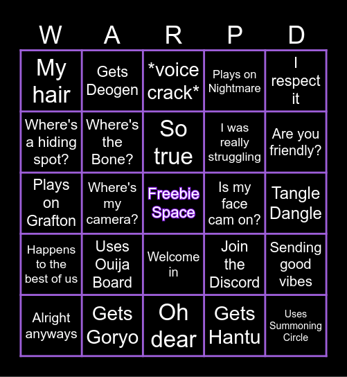 Warped Livestream Bingo Card