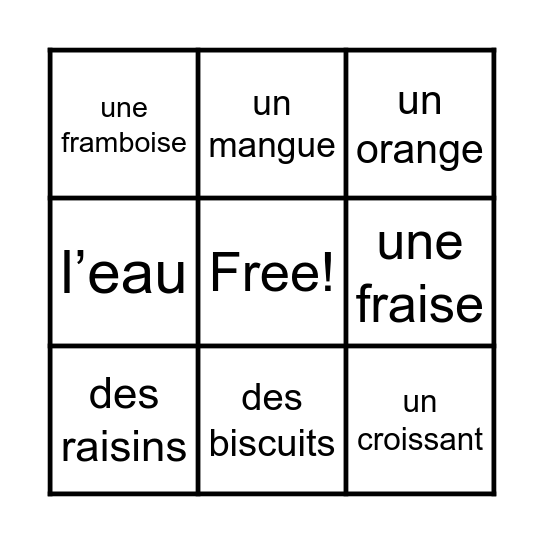 La Nourriture Bingo Card