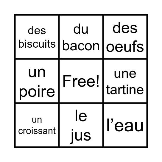 La Nourriture Bingo Card