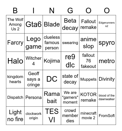 Summer games fest Bingo Card