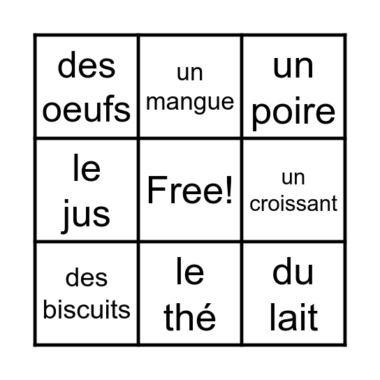 La Nourriture Bingo Card