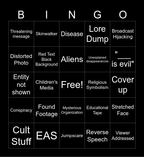 Analog Horror Bingo Card