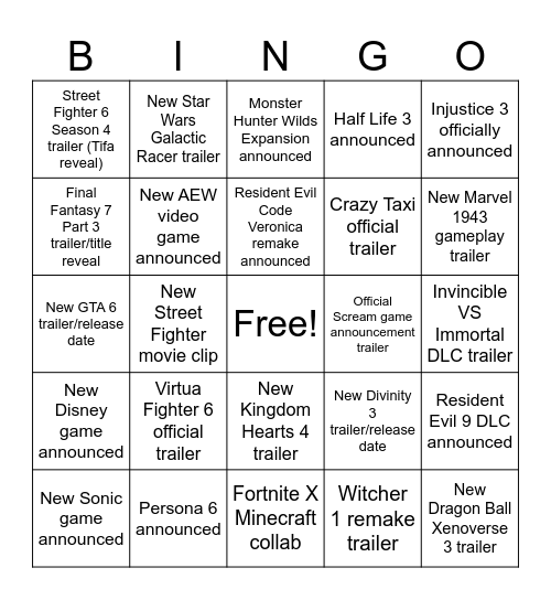 Summer Games Fest 2026 Bingo Card