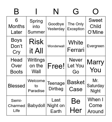 Favorite Songs Bingo Card