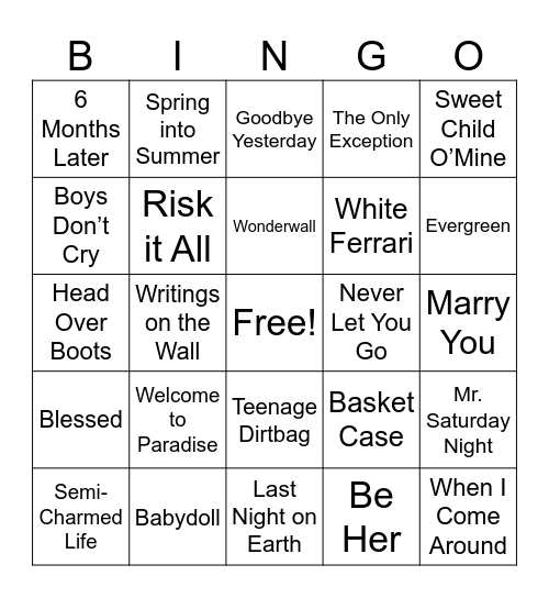 Favorite Songs Bingo Card