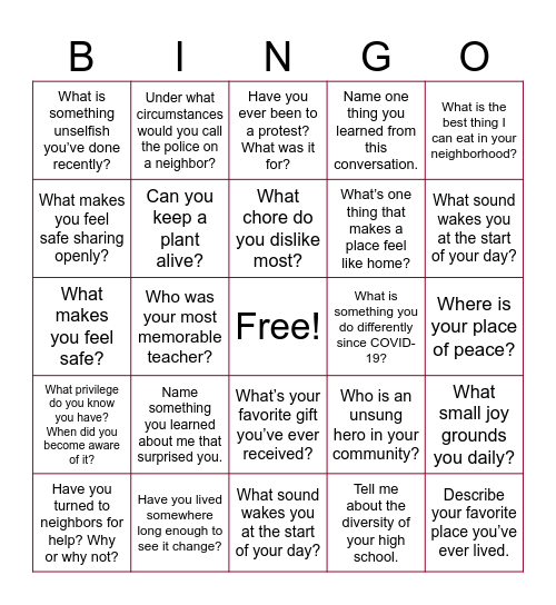Inclusive Practices & Civic Love Bingo Card