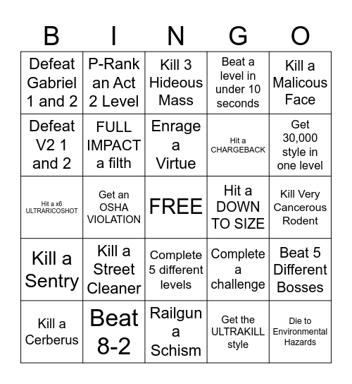 ULTRAKILL Bingo Race Bingo Card