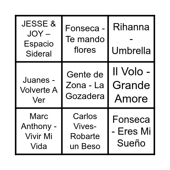 Bingo Musical Bingo Card