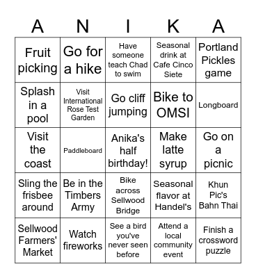ANIKA CHAD SUMMER 2K26 Bingo Card