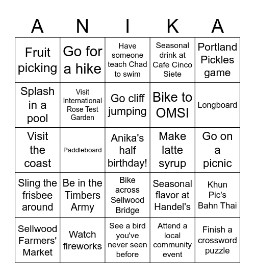 ANIKA CHAD SUMMER 2K26 Bingo Card