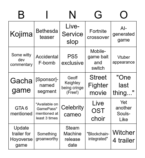 2026 Summer Game Fest BINGO! Bingo Card