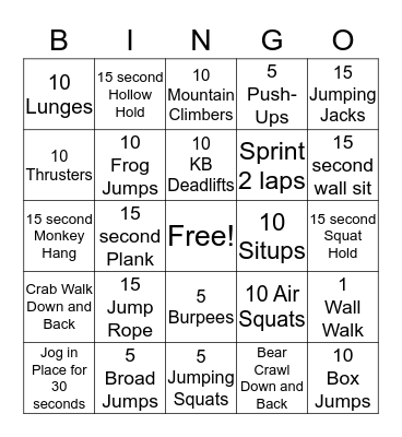 KidsFit Bingo Card