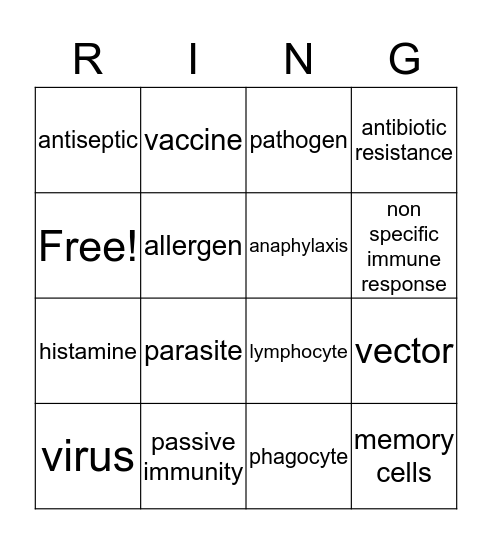 Immune System Bingo Card