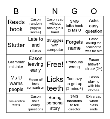 English bingo Card