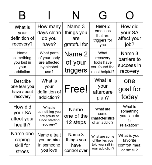 Recovery Bingo! Bingo Card